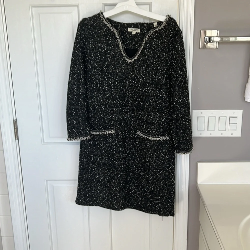 Max Studio Vneck Quarter Sleeve Tweed Boucle Sheath Black White Mini Dress - Picture 4 of 7